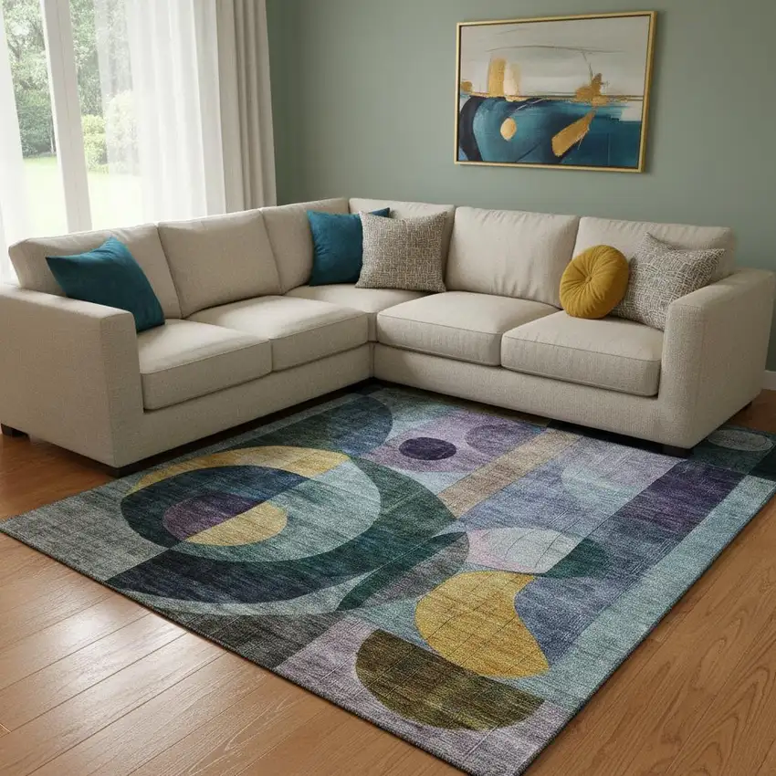 Blue Gold And Purple Abstract Geometric Washable Area Rug With UV Protection Photo 2