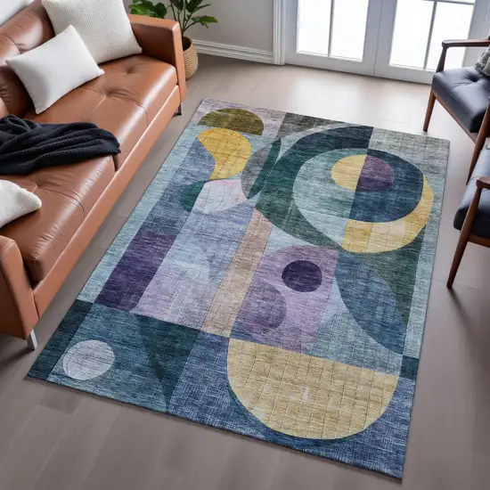 Blue Gold And Purple Abstract Geometric Washable Area Rug With UV Protection Photo 5