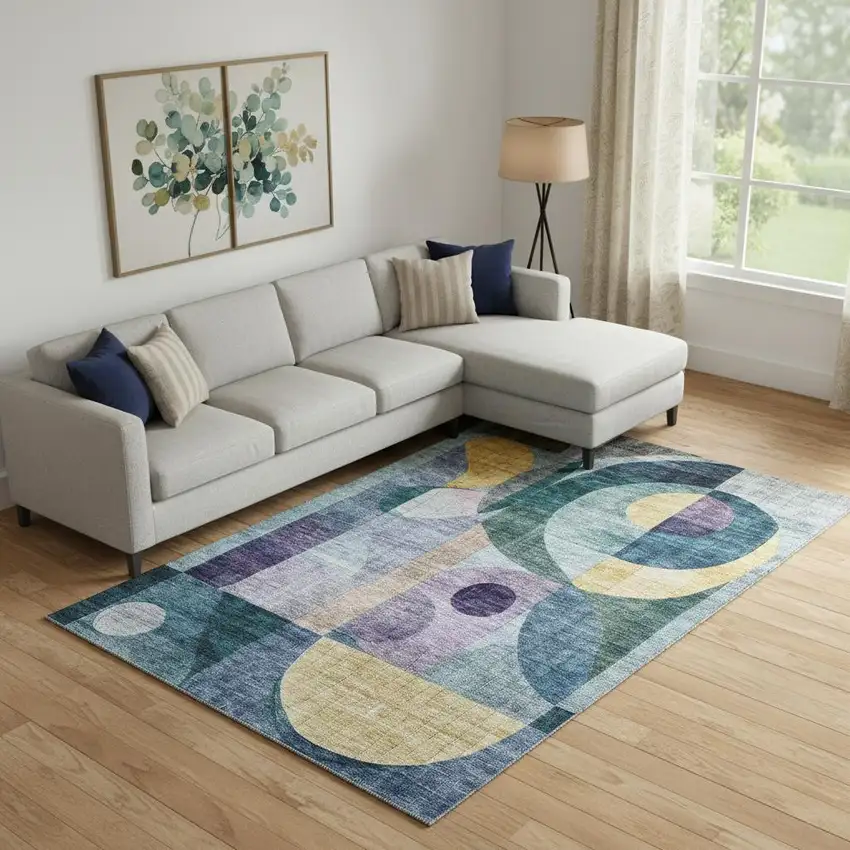 Blue Gold And Purple Abstract Geometric Washable Area Rug With UV Protection Photo 2