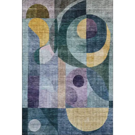Blue Gold And Purple Abstract Geometric Washable Area Rug With UV Protection Photo 1
