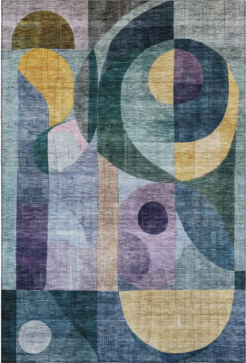 Blue Gold And Purple Abstract Geometric Washable Area Rug With UV Protection Photo 1