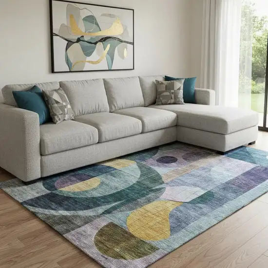 Blue Gold And Purple Abstract Geometric Washable Area Rug With UV Protection Photo 2