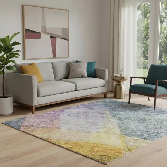 Blue Gold And Purple Abstract Washable Area Rug With UV Protection Photo 2