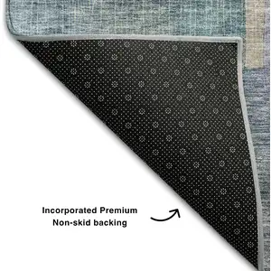 Photo of Blue Gold And Purple Abstract Washable Area Rug With UV Protection