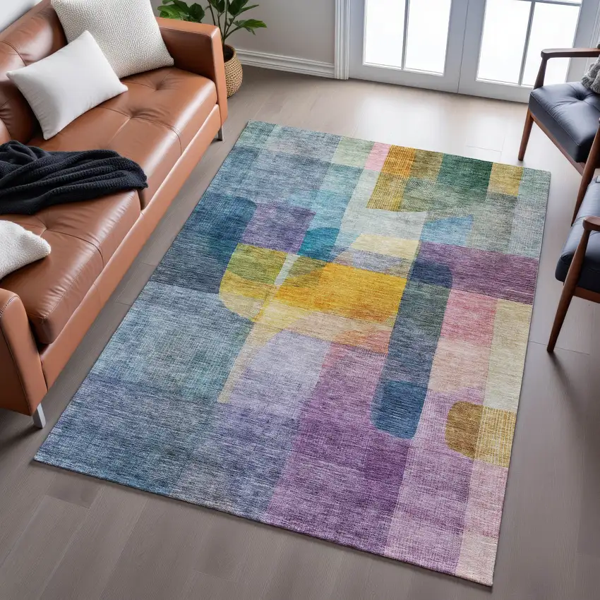 Blue Gold And Purple Abstract Washable Area Rug With UV Protection Photo 5