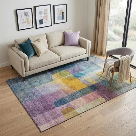 Blue Gold And Purple Abstract Washable Area Rug With UV Protection Photo 1