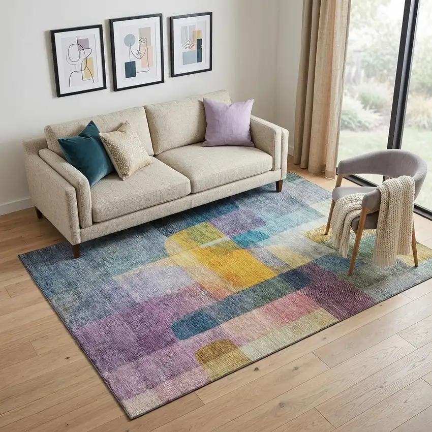 Blue Gold And Purple Abstract Washable Area Rug With UV Protection Photo 1
