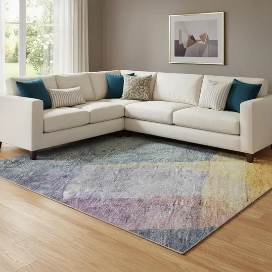Blue Gold And Purple Abstract Washable Area Rug With UV Protection Photo 2