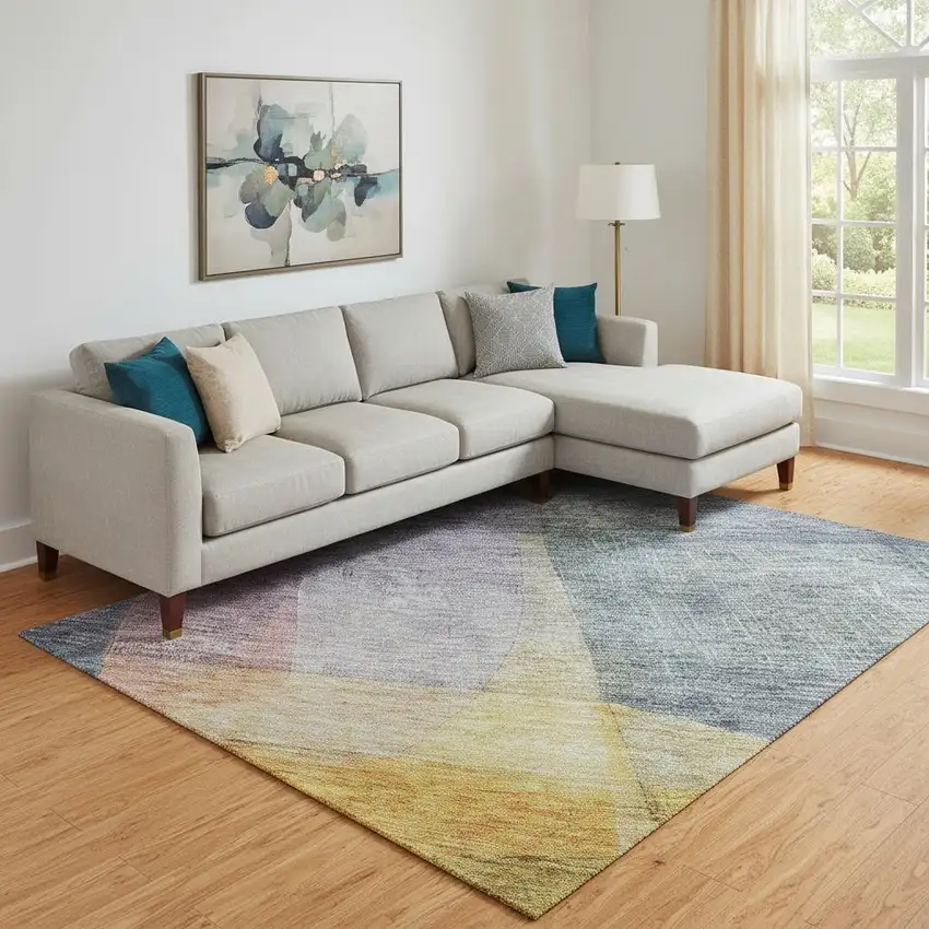 Blue Gold And Purple Abstract Washable Area Rug With UV Protection Photo 2