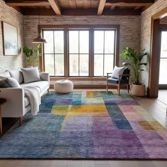 Blue Gold And Purple Abstract Washable Area Rug With UV Protection Photo 3