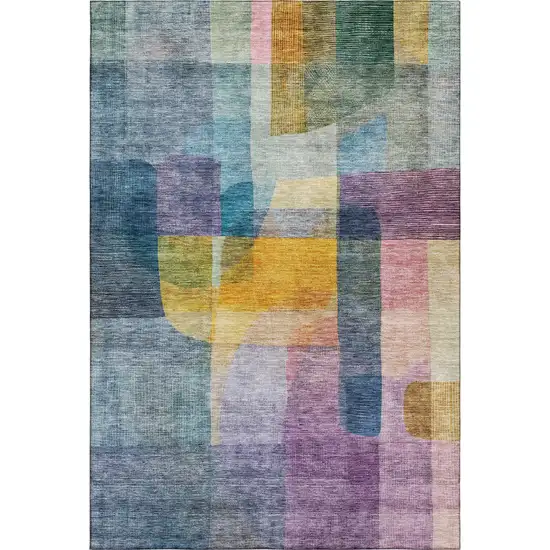 Blue Gold And Purple Abstract Washable Area Rug With UV Protection Photo 5