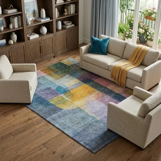 Blue Gold And Purple Abstract Washable Area Rug With UV Protection Photo 1