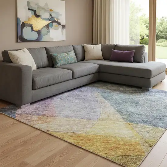 Blue Gold And Purple Abstract Washable Area Rug With UV Protection Photo 1