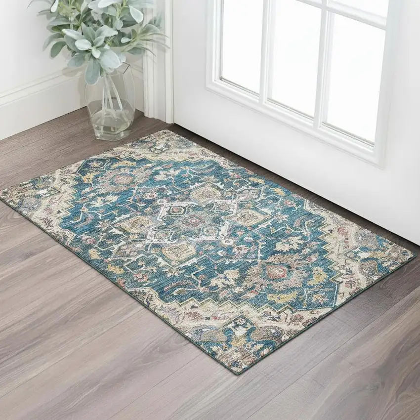 Blue Gold And Rust Floral Medallion Washable Area Rug With UV Protection Photo 2