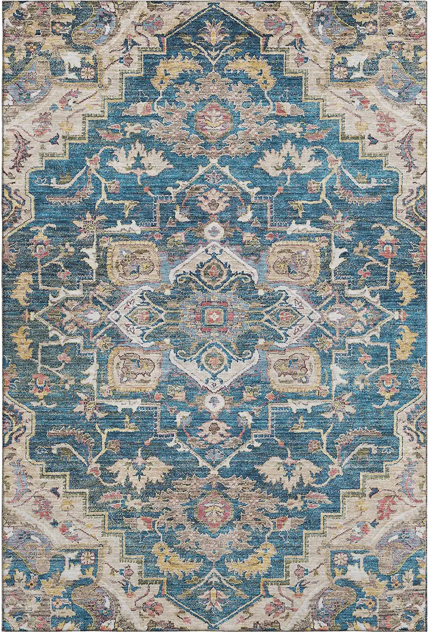Blue Gold And Rust Floral Medallion Washable Area Rug With UV Protection Photo 1