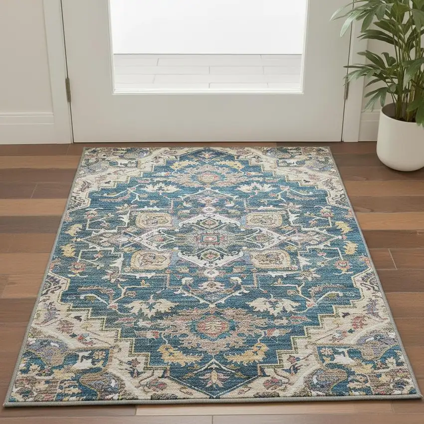 Blue Gold And Rust Floral Medallion Washable Area Rug With UV Protection Photo 2