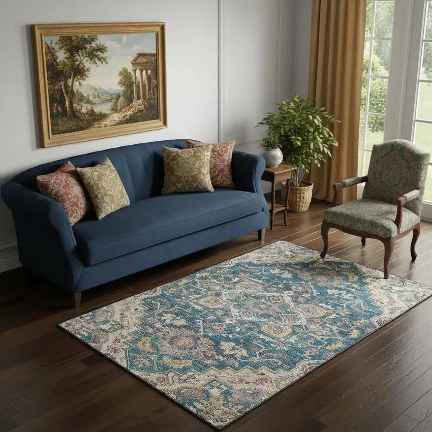 Blue Gold And Rust Floral Medallion Washable Area Rug With UV Protection Photo 1