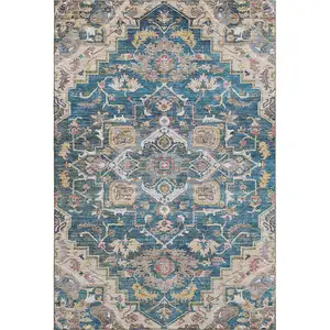 Photo of Blue Gold And Rust Floral Medallion Washable Area Rug With UV Protection