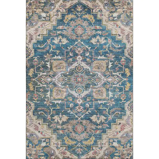 Blue Gold And Rust Floral Medallion Washable Area Rug With UV Protection Photo 1