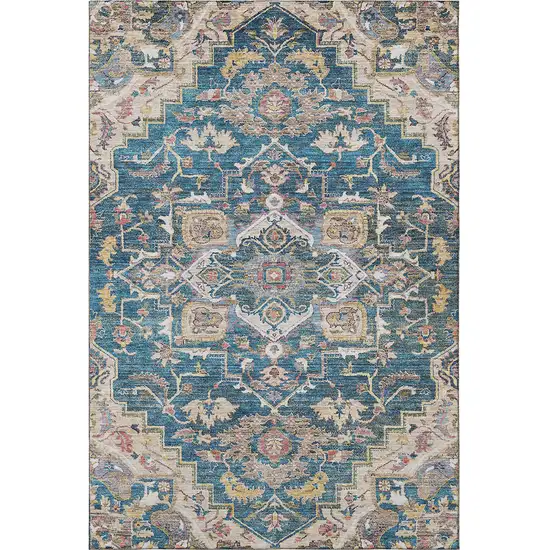 Blue Gold And Rust Floral Medallion Washable Area Rug With UV Protection Photo 4