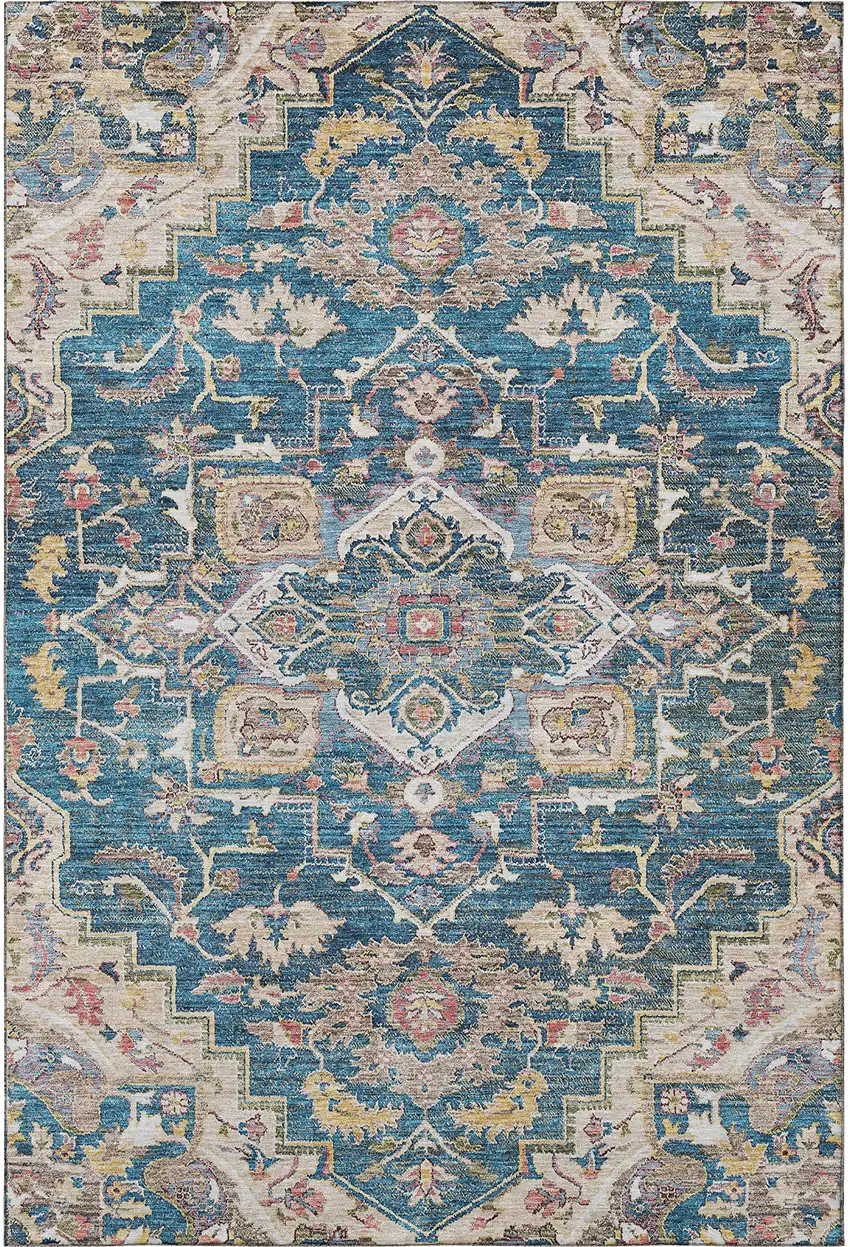 Blue Gold And Rust Floral Medallion Washable Area Rug With UV Protection Photo 4