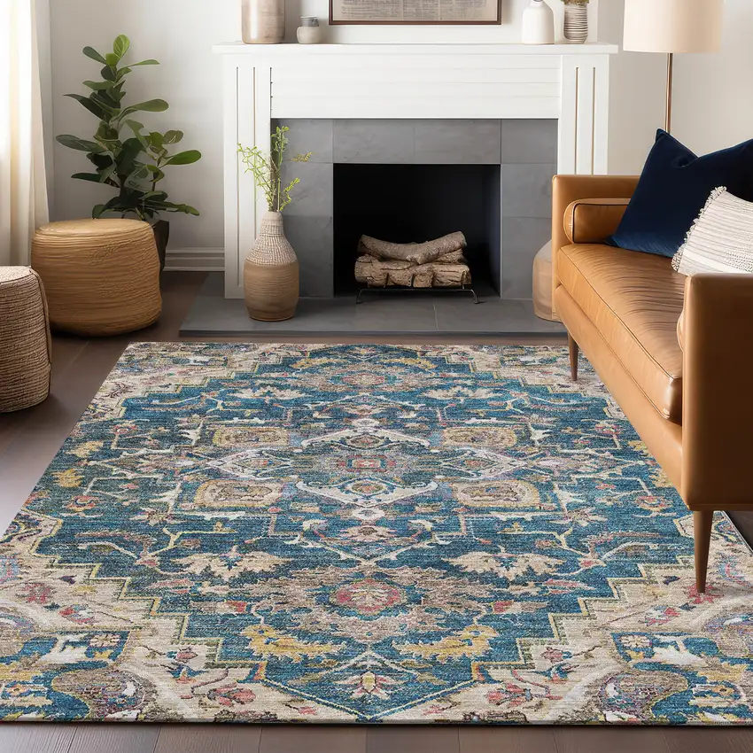 Blue Gold And Rust Floral Medallion Washable Area Rug With UV Protection Photo 6