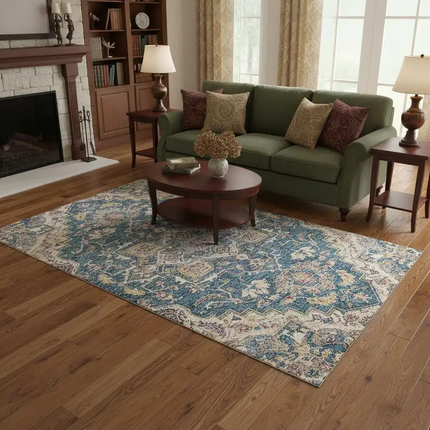 Blue Gold And Rust Floral Medallion Washable Area Rug With UV Protection Photo 2