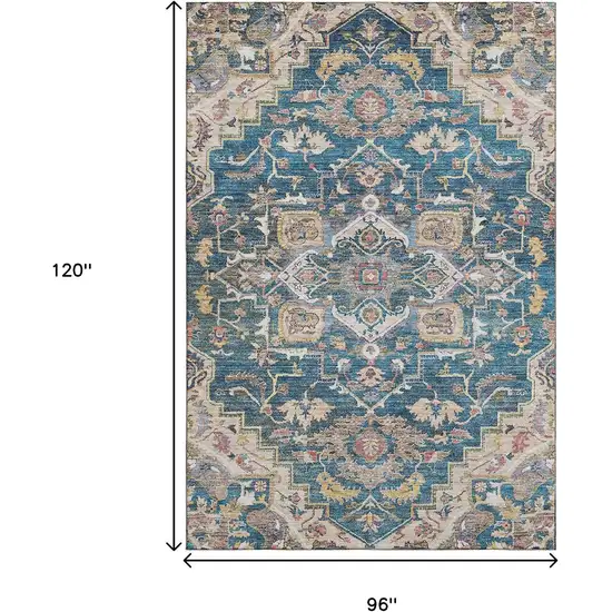 Blue Gold And Rust Floral Medallion Washable Area Rug With UV Protection Photo 3