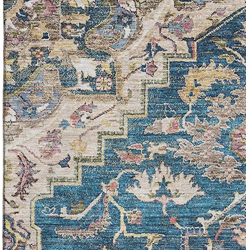 Blue Gold And Rust Floral Medallion Washable Area Rug With UV Protection Photo 4