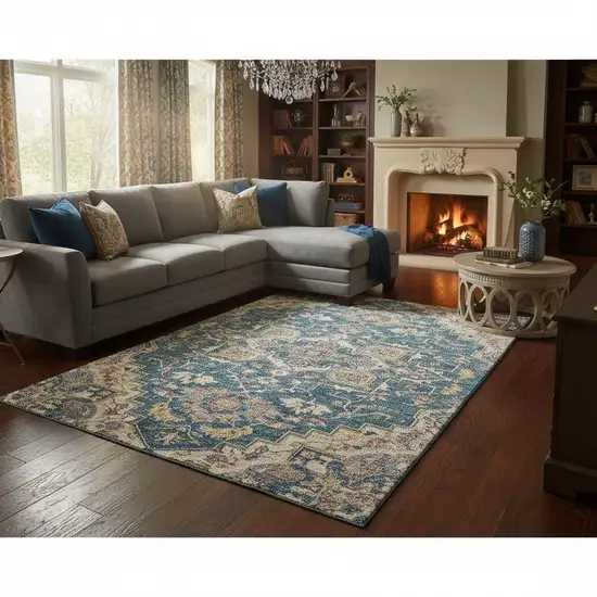Blue Gold And Rust Floral Medallion Washable Area Rug With UV Protection Photo 2
