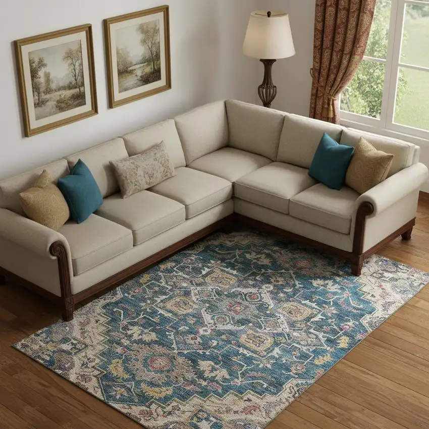 Blue Gold And Rust Floral Medallion Washable Area Rug With UV Protection Photo 1