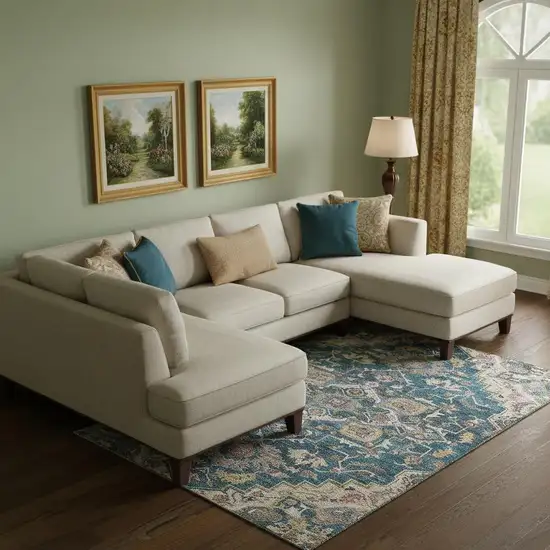 Blue Gold And Rust Floral Medallion Washable Area Rug With UV Protection Photo 1