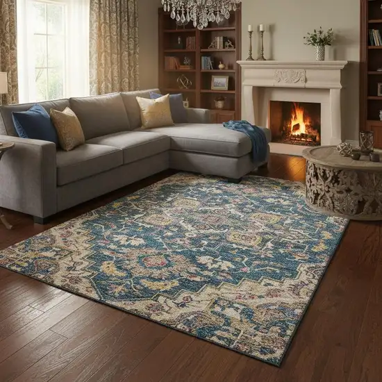 Blue Gold And Rust Floral Medallion Washable Area Rug With UV Protection Photo 2