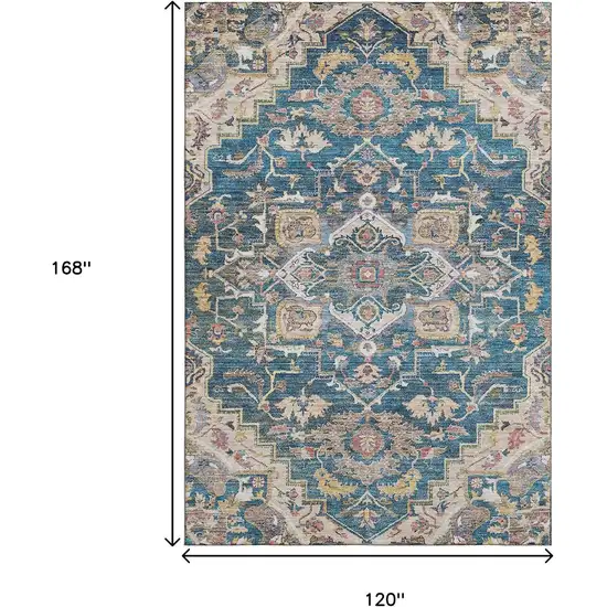 Blue Gold And Rust Floral Medallion Washable Area Rug With UV Protection Photo 3