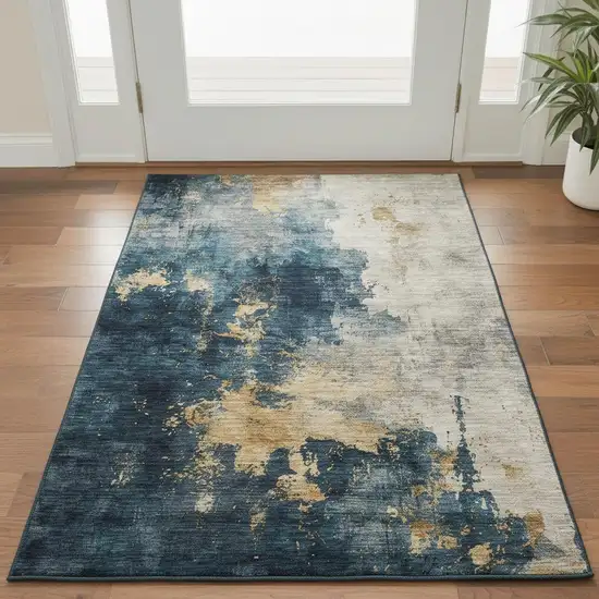 Blue Gold And Silver Abstract Washable Area Rug With UV Protection Photo 2