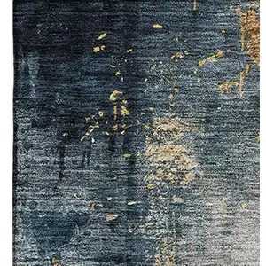 Photo of Blue Gold And Silver Abstract Washable Area Rug With UV Protection