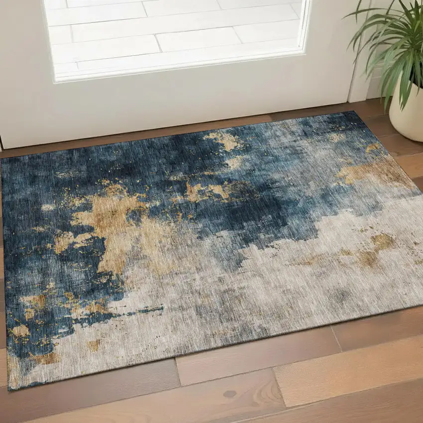 Blue Gold And Silver Abstract Washable Area Rug With UV Protection Photo 1