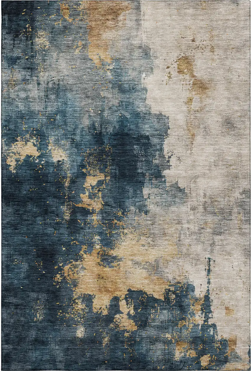 Blue Gold And Silver Abstract Washable Area Rug With UV Protection Photo 1