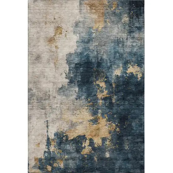 Blue Gold And Silver Abstract Washable Area Rug With UV Protection Photo 2
