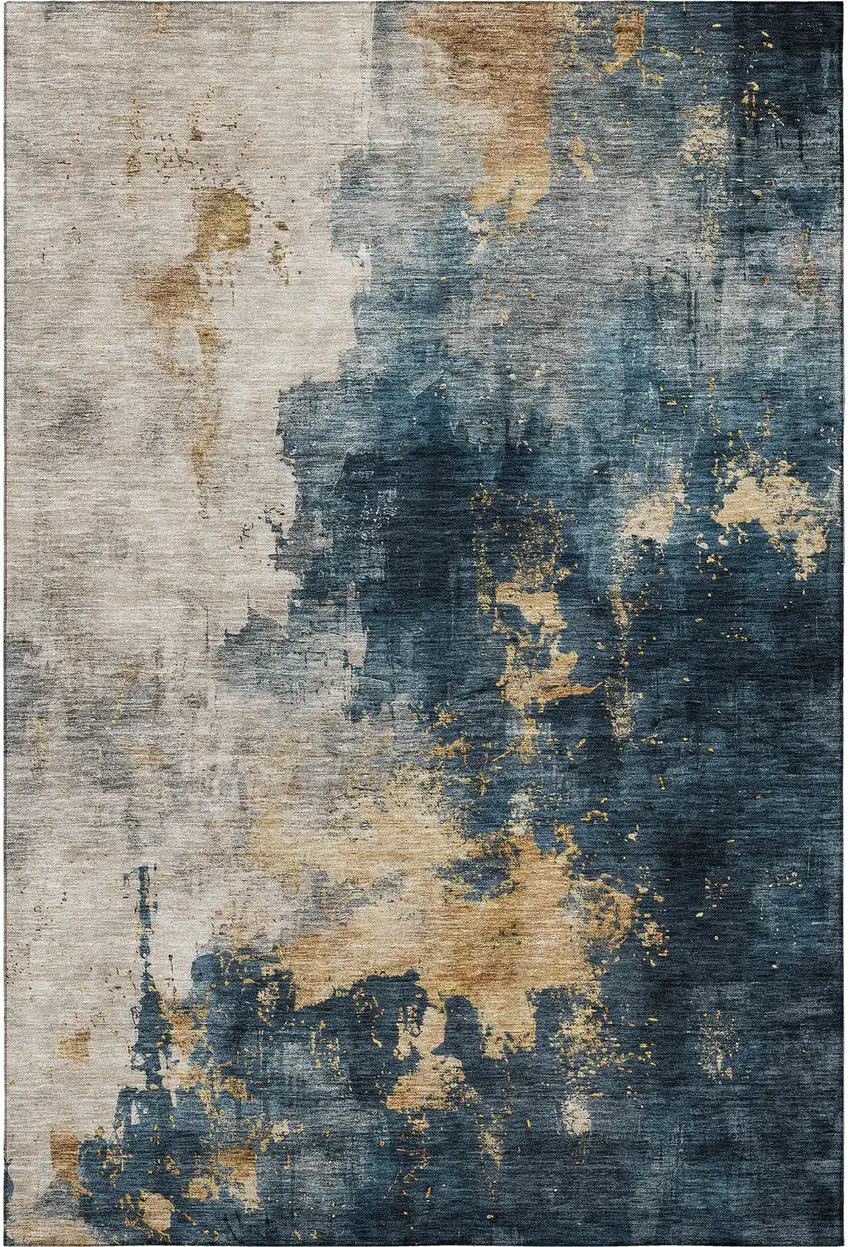 Blue Gold And Silver Abstract Washable Area Rug With UV Protection Photo 2