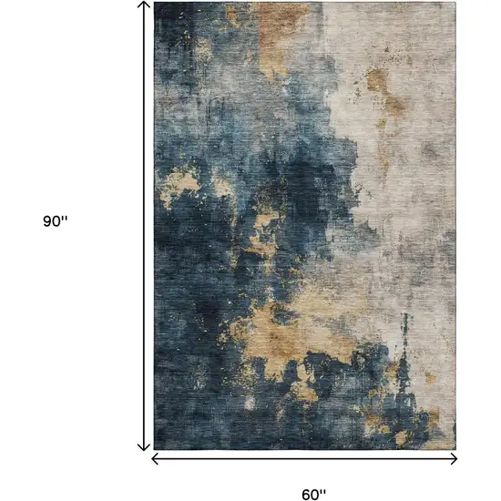 Blue Gold And Silver Abstract Washable Area Rug With UV Protection Photo 9