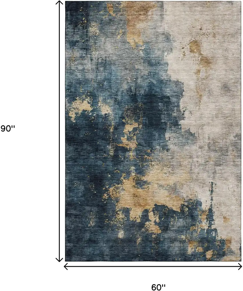 Blue Gold And Silver Abstract Washable Area Rug With UV Protection Photo 9