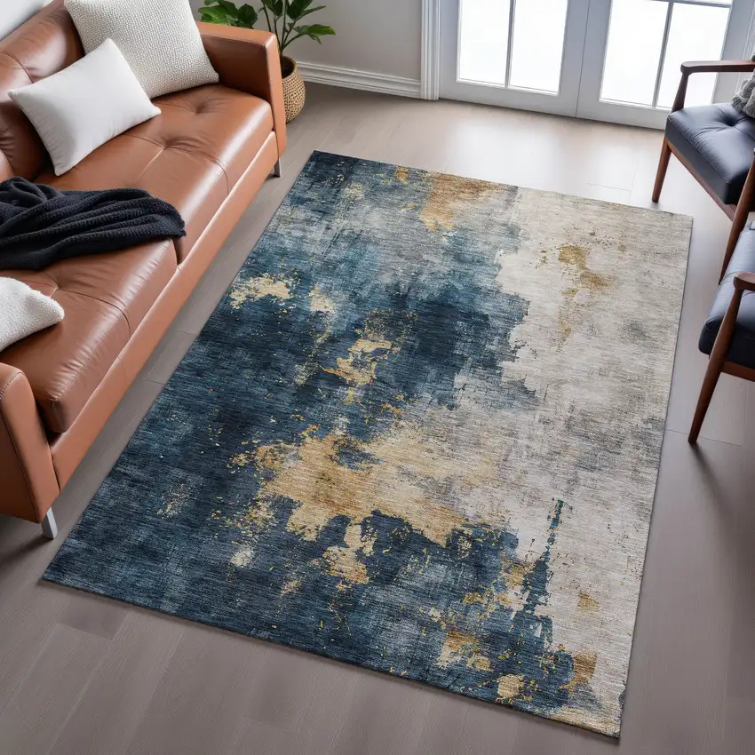 Blue Gold And Silver Abstract Washable Area Rug With UV Protection Photo 4