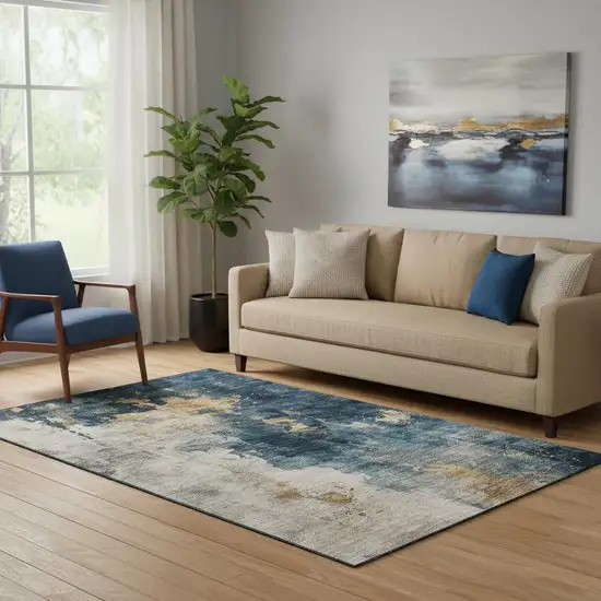 Blue Gold And Silver Abstract Washable Area Rug With UV Protection Photo 2