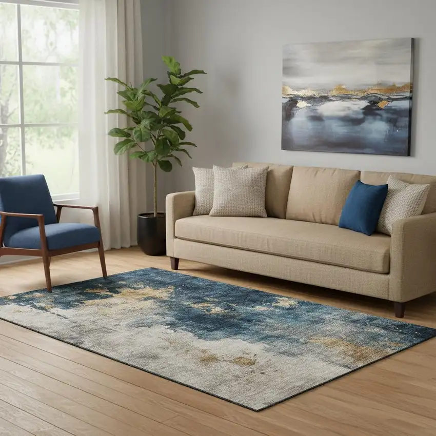 Blue Gold And Silver Abstract Washable Area Rug With UV Protection Photo 2