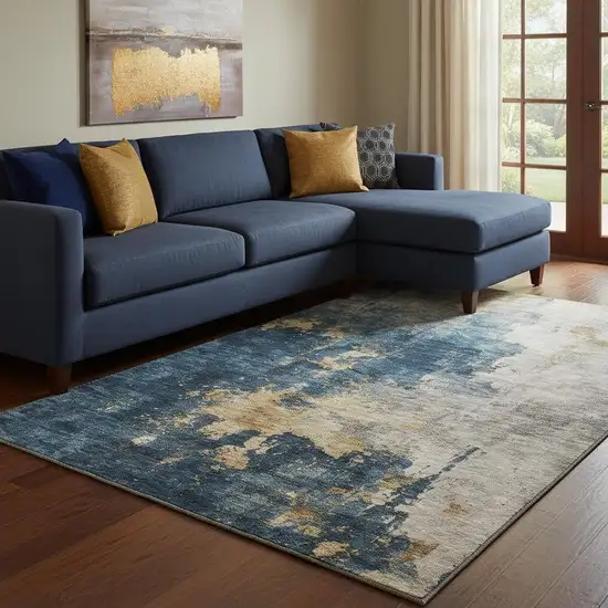 Blue Gold And Silver Abstract Washable Area Rug With UV Protection Photo 2