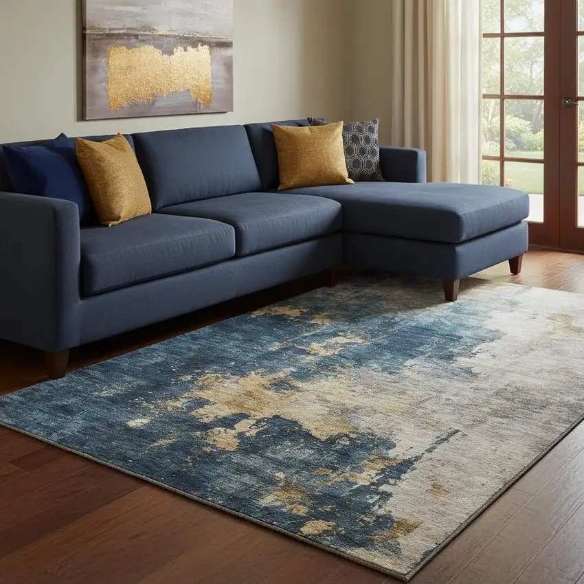 Blue Gold And Silver Abstract Washable Area Rug With UV Protection Photo 2