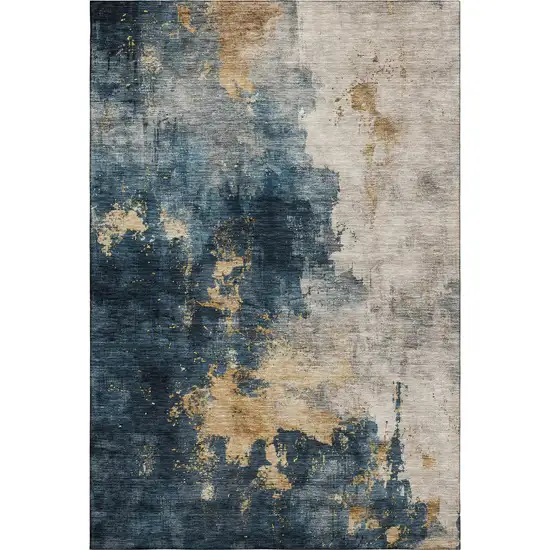 Blue Gold And Silver Abstract Washable Area Rug With UV Protection Photo 1