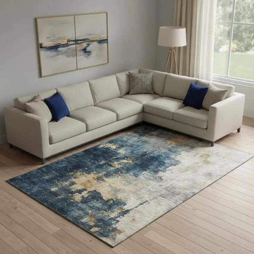 Blue Gold And Silver Abstract Washable Area Rug With UV Protection Photo 2
