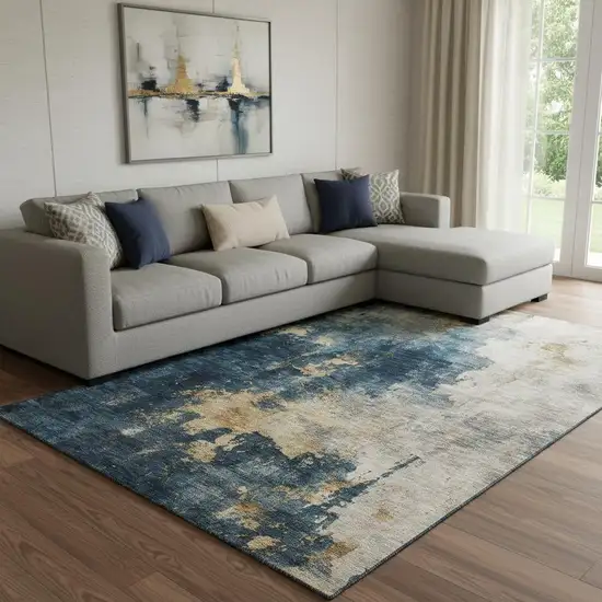 Blue Gold And Silver Abstract Washable Area Rug With UV Protection Photo 2
